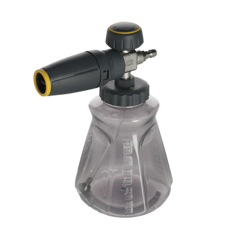 The Active™ Premium Pressure Washer Foam Cannon by Active Products 2.0 is a transparent plastic foaming bottle connected to a black and yellow nozzle with a grip and adjustment dial. This bottle, labeled "Active," is an essential tool in the world of automotive detailing, commonly used for foaming applications such as car washing.