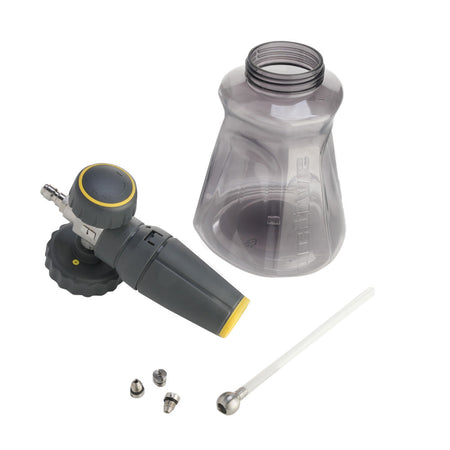 The Active™ Premium Pressure Washer Foam Cannon by Active Products 2.0 is disassembled into its components, which include a large plastic container with an open lid, a nozzle, a plastic straw, and three metallic nozzles of varying sizes. Designed for automotive detailing enthusiasts, the parts are arranged neatly on a white background.